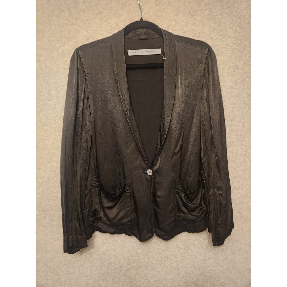 Raquel Allegra Blazer Women‎ Medium Single Button Ruched Minimalist Shiny Black
